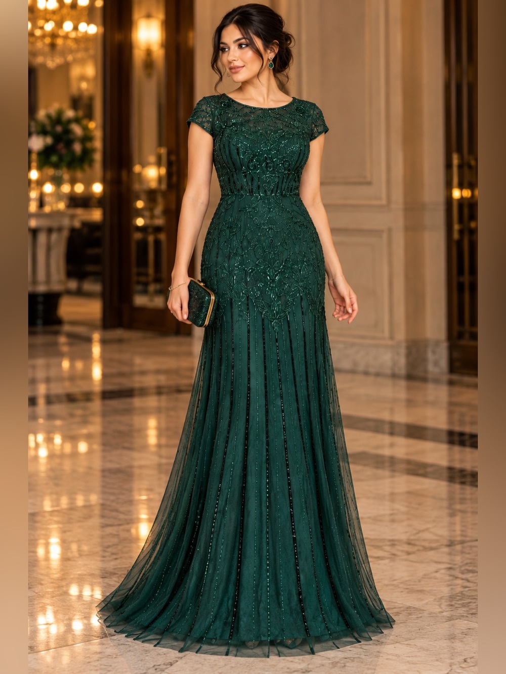 Adrianna Papell Emerald Green Beaded Maxi Gown
